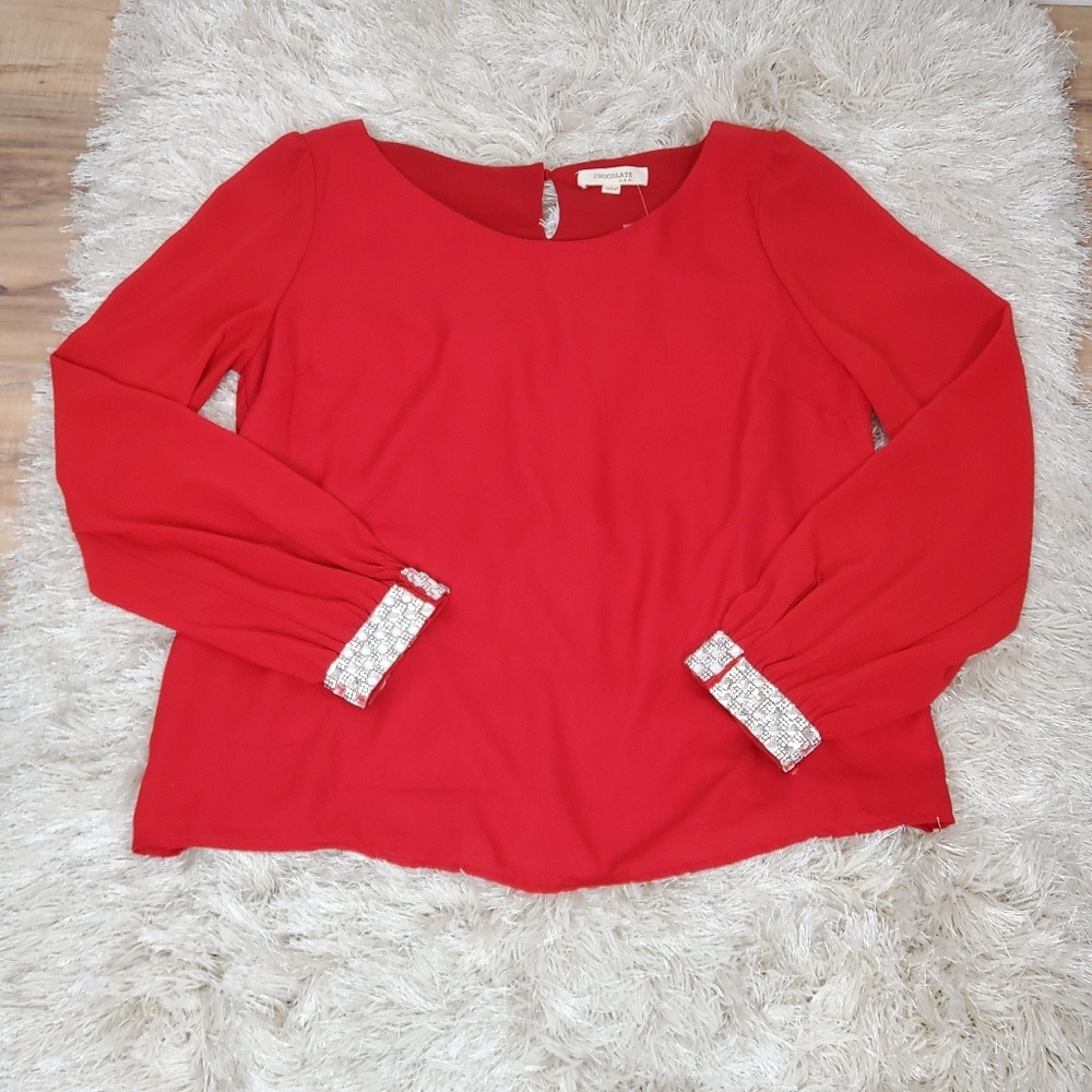 Women's Blouse Color Red top long sleeve Large
